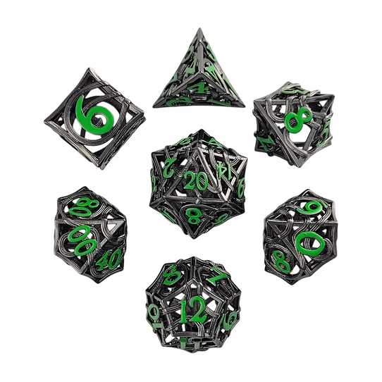 Forged - Entangled Fate Silver Green Hollow Metal RPG Dice Set
