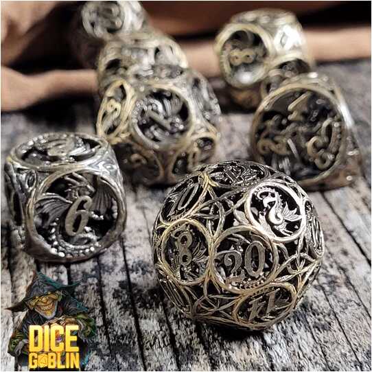 Forged - Dice Goblin Dragon's Round Hollow Metal RPG Dice Set - Weathered Gold