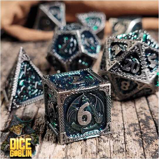 Forged - Dice Goblin Dragon's Breath Metal RPG Dice Set - Weathered Silver/Green