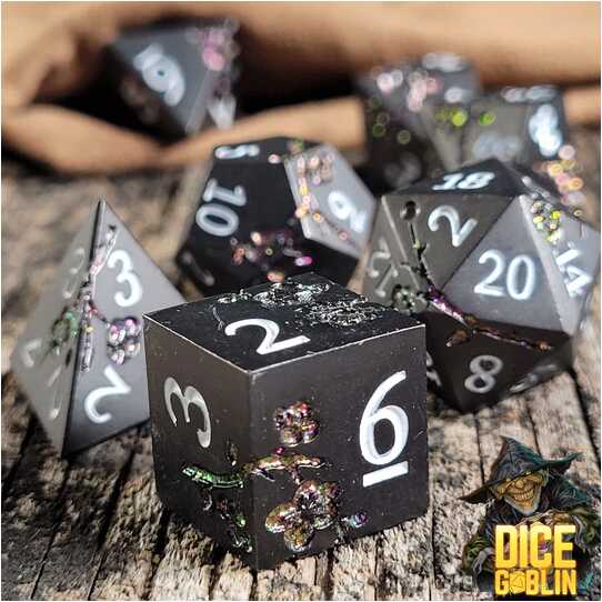 Forged - Dice Goblin Flowers Metal RPG Dice Set - Black Glitter