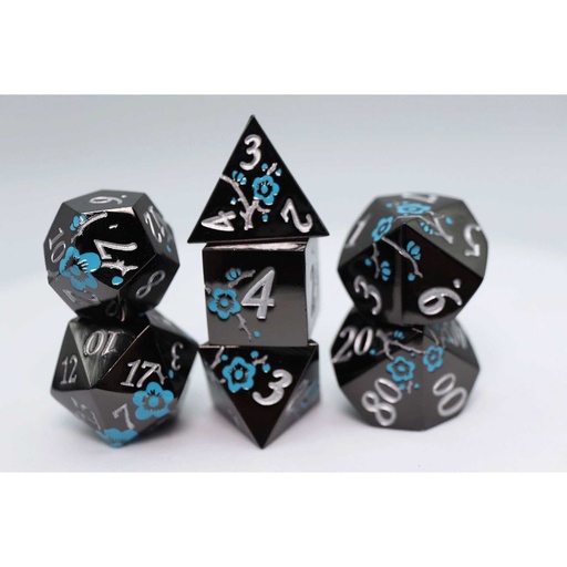 [FOM_4429] Foam Brain - Metallic Bouquet: Black with Blue Orchids - Metal RPG Dice Set