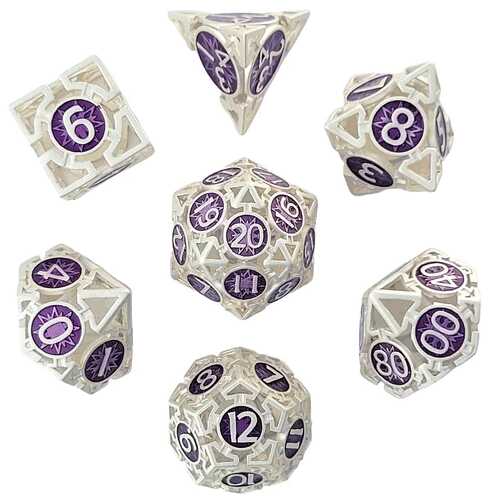 [FORGE_FG-DC-WNDROS-SILPUR-7] Forged - Wind's Rose Silver Purple Hollow Metal RPG Dice Set