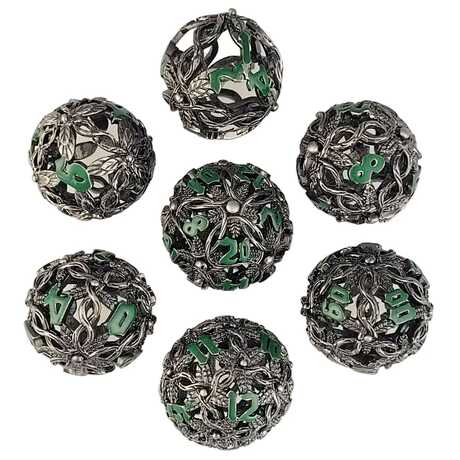 [FORGE_FG-DC-SYLVN-SILGRN-7] Forged - Sylvan Spheres Silver Green Hollow Metal RPG Dice Set