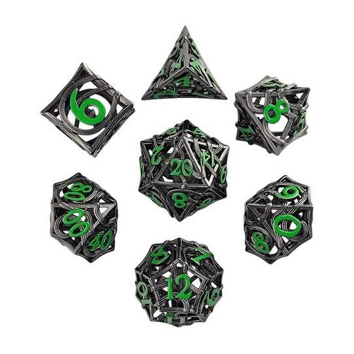 [FORGE_FG-DC-ENTFAT-SILGRN-7] Forged - Entangled Fate Silver Green Hollow Metal RPG Dice Set