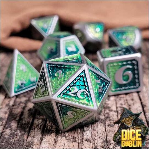 [FORGE_FG-DG-DC-0041] Forged - Dice Goblin Scales Metal RPG Dice Set - Silver/Green