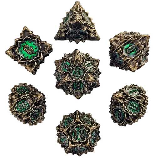 [FORGE_FG-DC-GOTHBO-GLDGRN7] Forged - Gothic Bouquet Antique Gold Green Metal RPG Dice Set