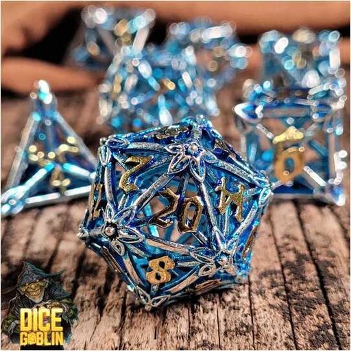 [FORGE_FG-DG-DC-0020] Forged - Dice Goblin Flower Petals Metal RPG Dice Set - Silver/Blue