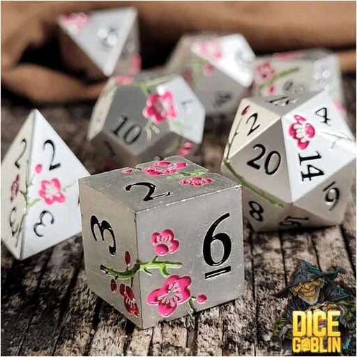 [FORGE_FG-DG-DC-0049] Forged - Dice Goblin Flowers Metal RPG Dice Set - Silver/Pink