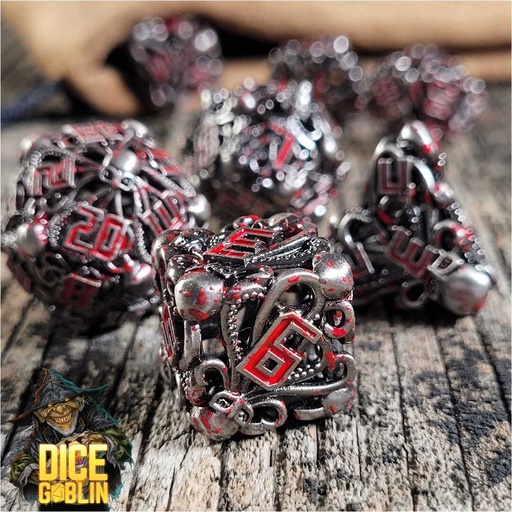 [FORGE_FG-DG-DC-0011] Forged - Dice Goblin Fathomless Fate Silver with Blood Splatter Hollow Metal RPG Dice Set