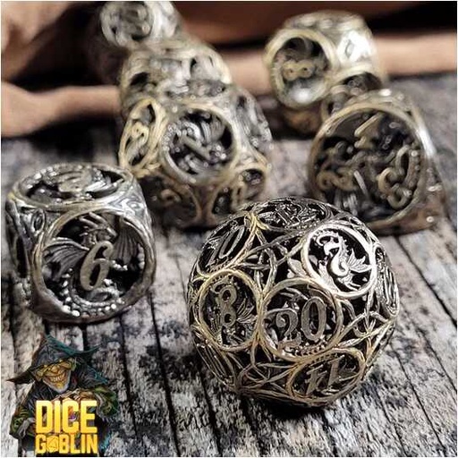 [FORGE_FG-DG-DC-0006] Forged - Dice Goblin Dragon's Round Hollow Metal RPG Dice Set - Weathered Gold