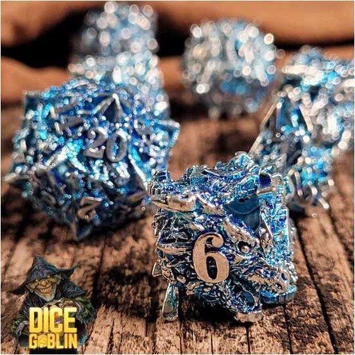 [FORGE_FG-DG-DC-0010] Forged - Dice Goblin Dragon's Head Hollow Metal RPG Dice Set - Silver/Blue