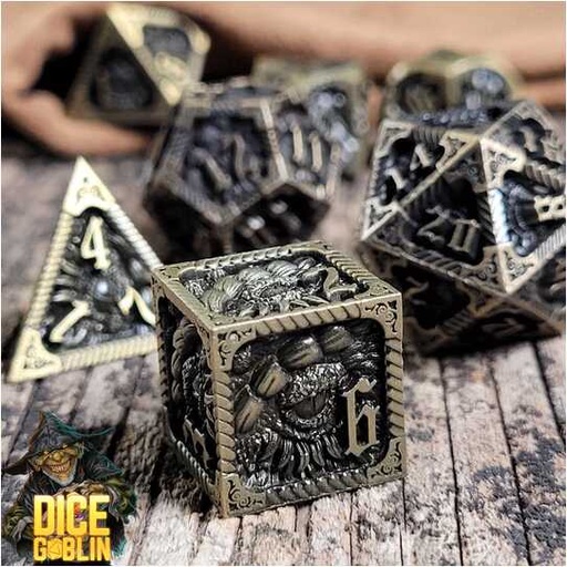 [FORGE_FG-DG-DC-0036] Forged - Dice Goblin Dragon's Eye Metal RPG Dice Set - Weahthered Gold/Dark