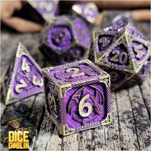 [FORGE_FG-DG-DC-0031] Forged - Dice Goblin Dragon's Breath Metal RPG Dice Set - Weathered Gold/Purple