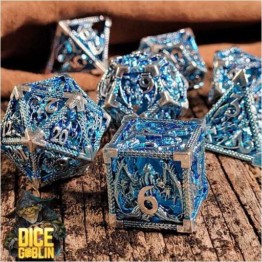 [FORGE_FG-DG-DC-0005] Forged - Dice Goblin Dragon Rampant Hollow Metal RPG Dice Set - Silver/Blue