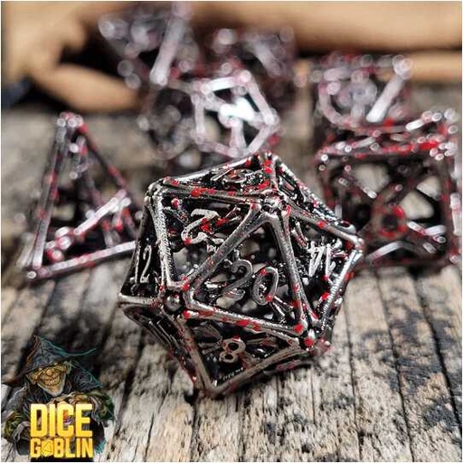 [FORGE_FG-DG-DC-0030] Forged - Dice Goblin Bones Hollow Metal RPG Dice Set - Weathered Silver/Blood Splatter